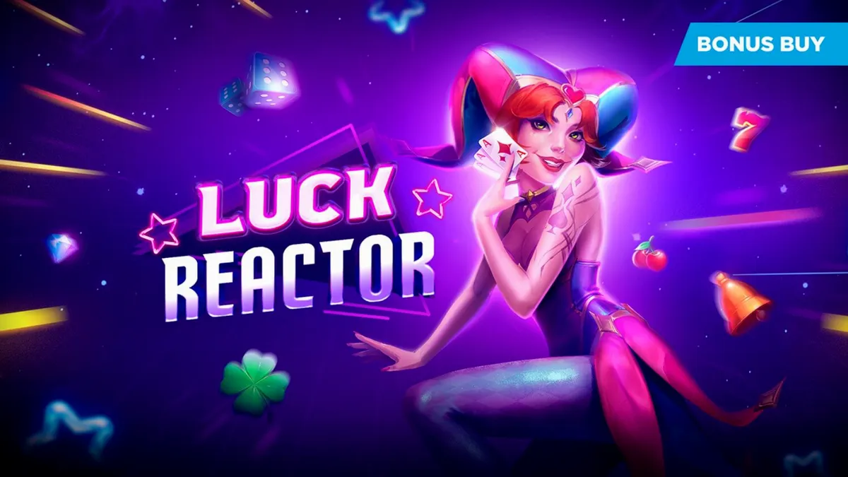 Tampilan visual futuristik dari slot Luck Reactor dengan simbol neon dan latar belakang ruang angkasa.