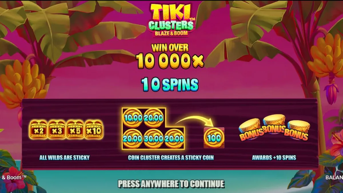 Tiki Clusters Blaze & Boom slot machine interface with tropical background