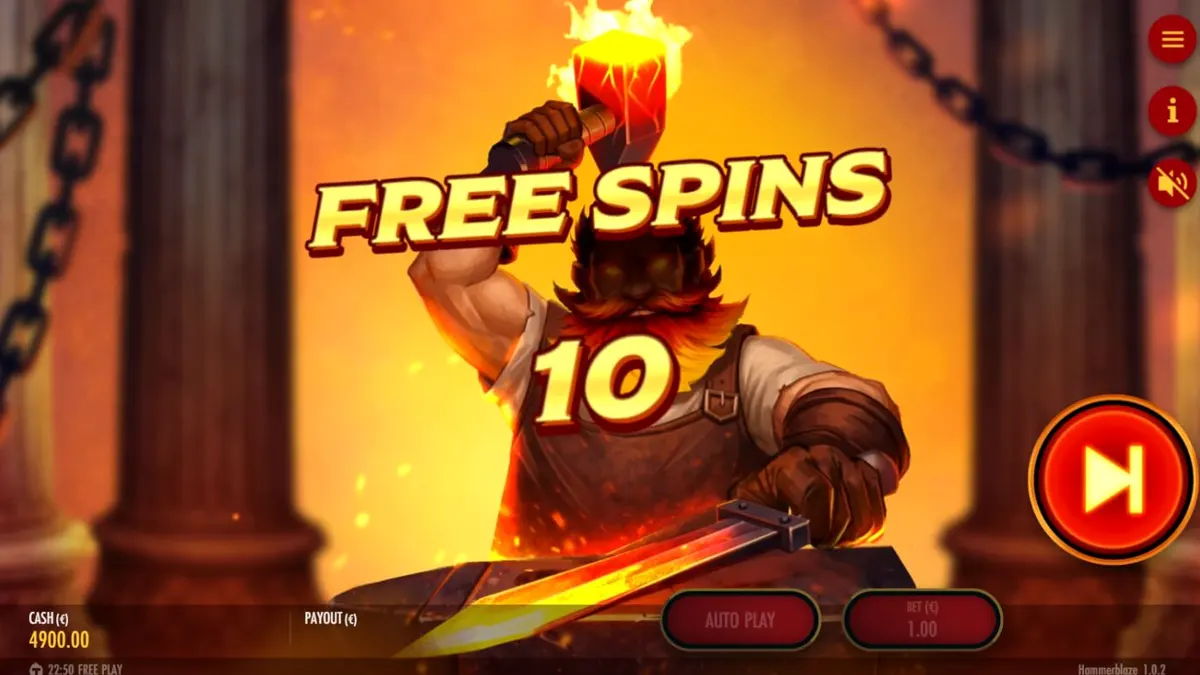 Tampilan grid 7x7 slot Hammerblaze dengan tema vulkanik dan forge.