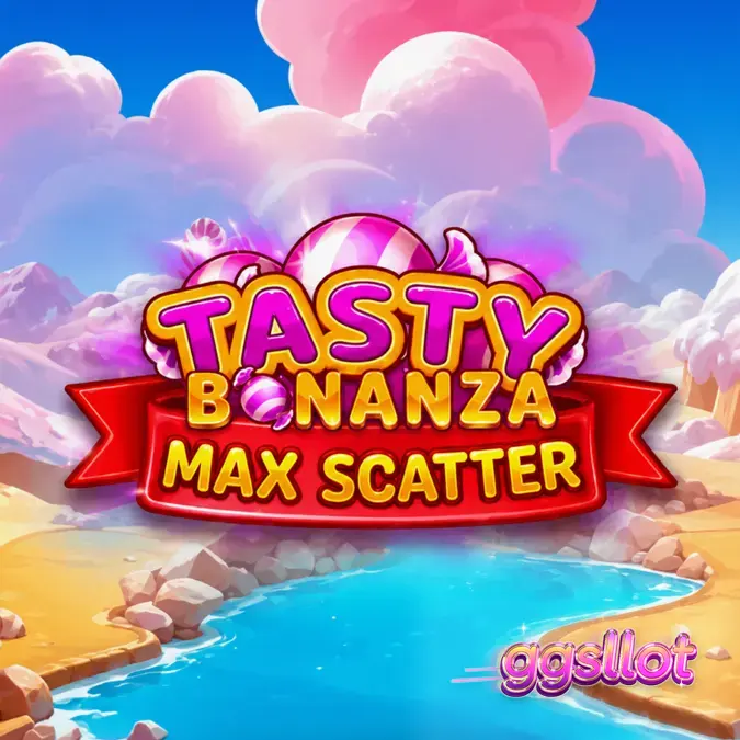 Tampilan visual cerah dan penuh permen dari slot Tasty Bonanza Max Scatter